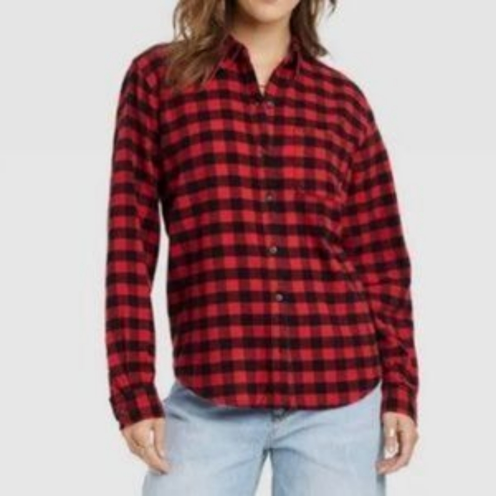❤️B2G1 New Universal Thread L Relaxed Fit Button Down Red Black Buffalo Plaid